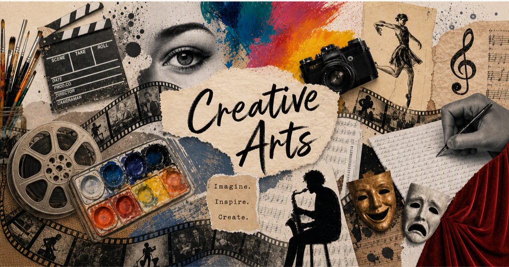 Creative arts collage with film, music, theater masks, a paint palette, and an artist sketching