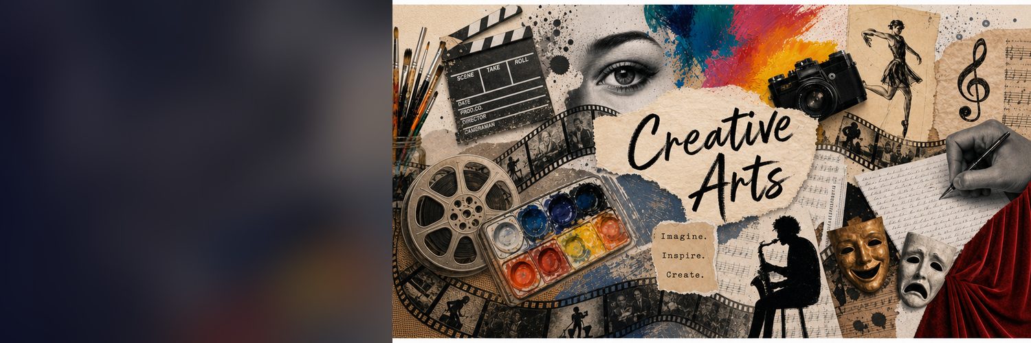 Creative arts collage with film, music, theater masks, a paint palette, and an artist sketching