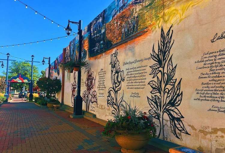 Downtown Longmont mural plaza at evening